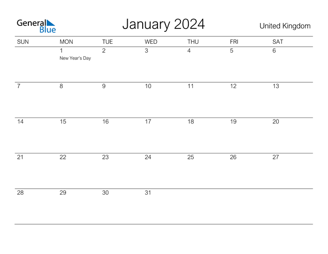 January 2024 Calendar with United Kingdom Holidays