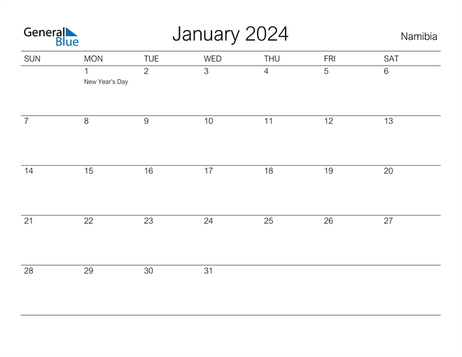 January 2024 Calendar with Namibia Holidays