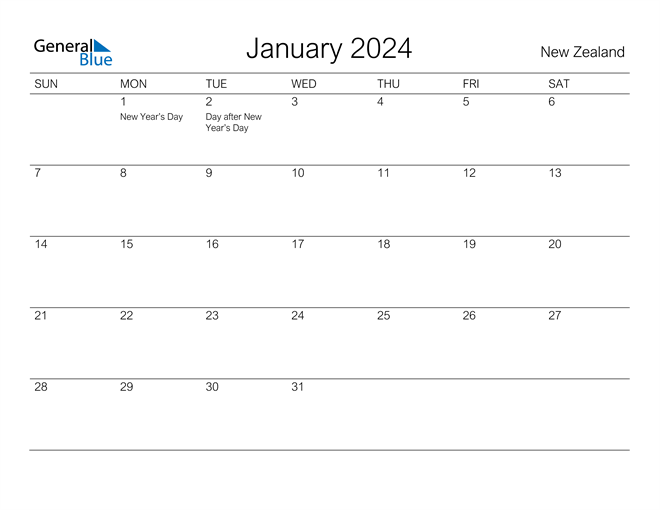 January 2024 Calendar with New Zealand Holidays