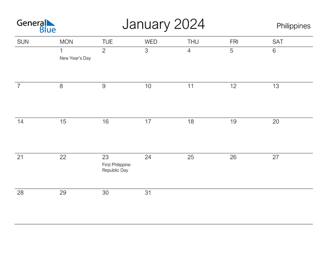 Philippines January 2024 Calendar With Holidays