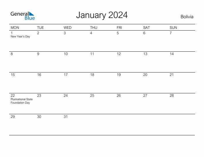 Printable January 2024 Calendar for Bolivia