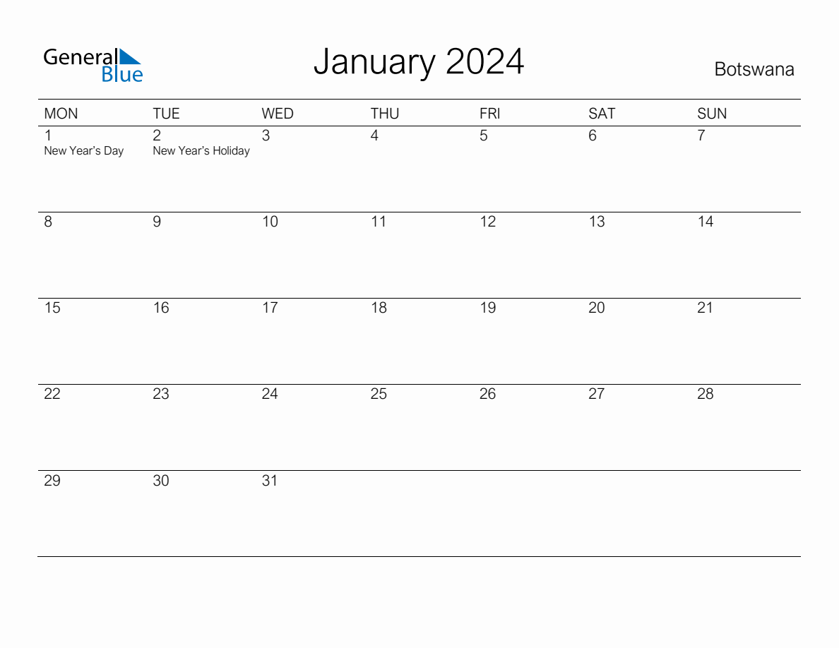 Printable January 2024 Monthly Calendar with Holidays for Botswana