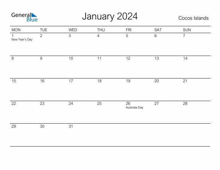 Printable January 2024 Calendar for Cocos Islands