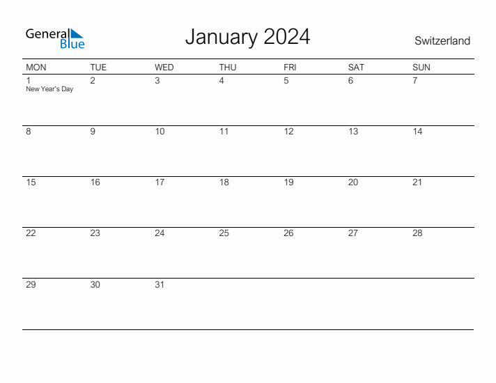 Printable January 2024 Calendar for Switzerland