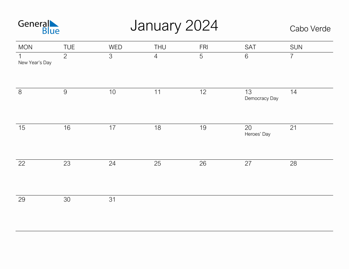 Printable January 2024 Monthly Calendar with Holidays for Cabo Verde