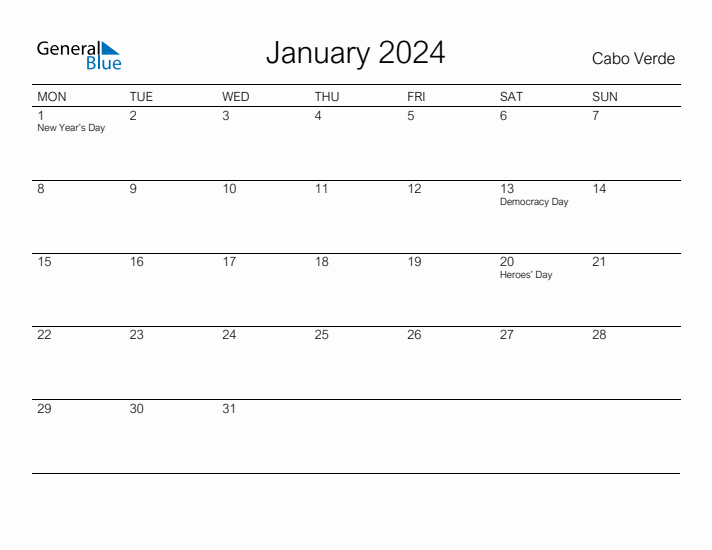 Printable January 2024 Calendar for Cabo Verde