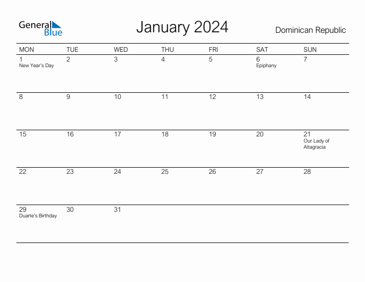 Printable January 2024 Calendar for Dominican Republic