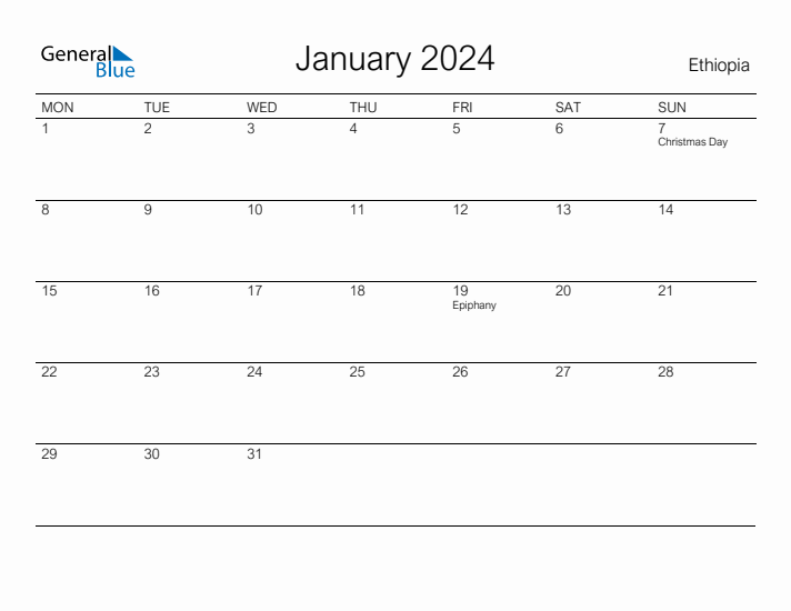 Printable January 2024 Calendar for Ethiopia