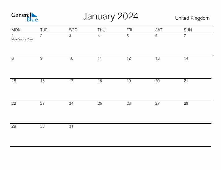 Printable January 2024 Calendar for United Kingdom