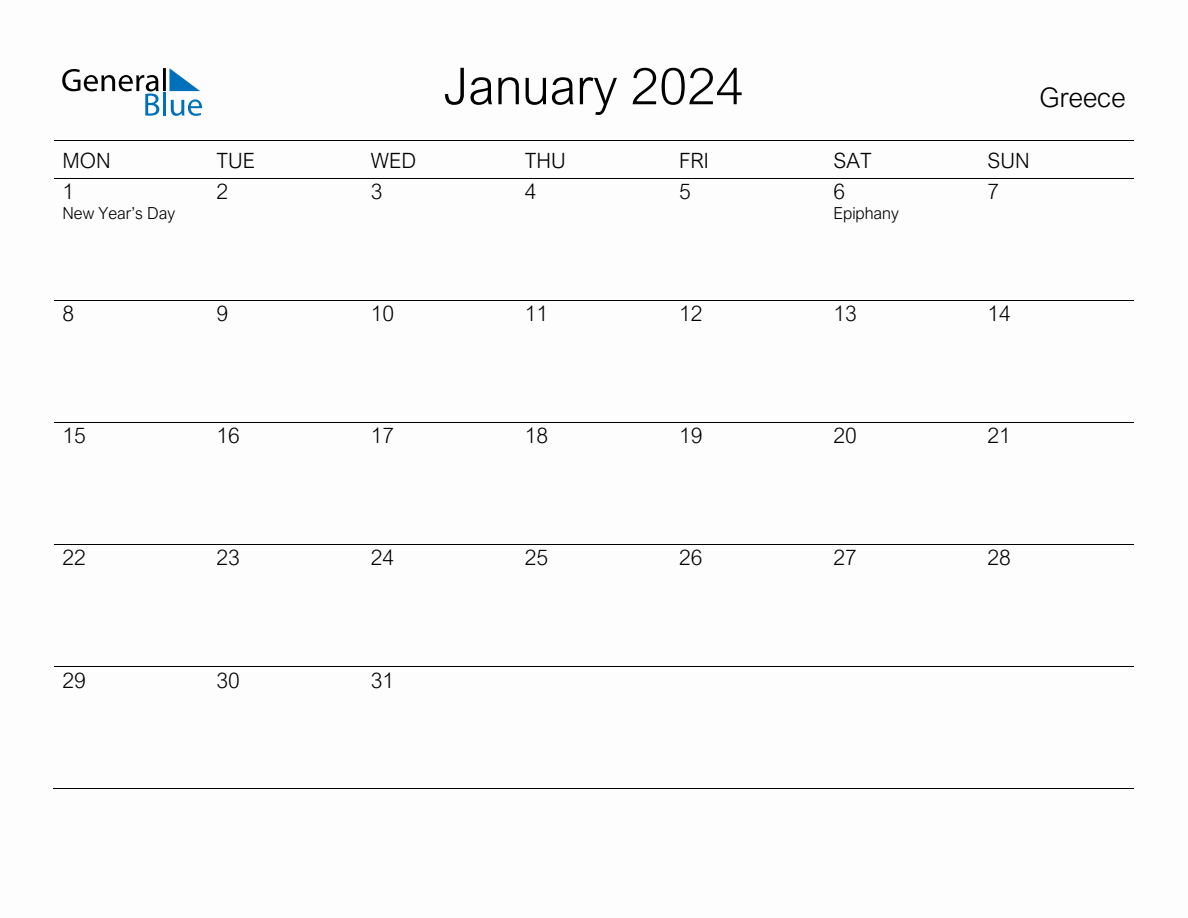 Printable January 2024 Monthly Calendar with Holidays for Greece