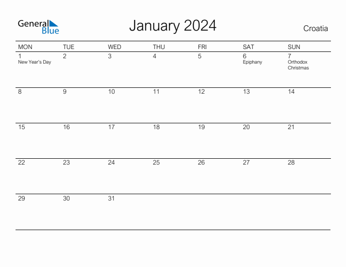 Printable January 2024 Calendar for Croatia