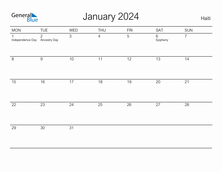 Printable January 2024 Calendar for Haiti