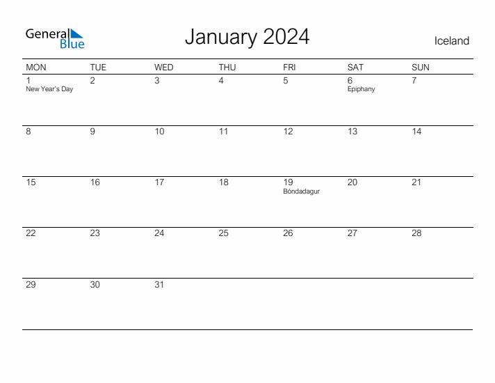 Printable January 2024 Calendar for Iceland