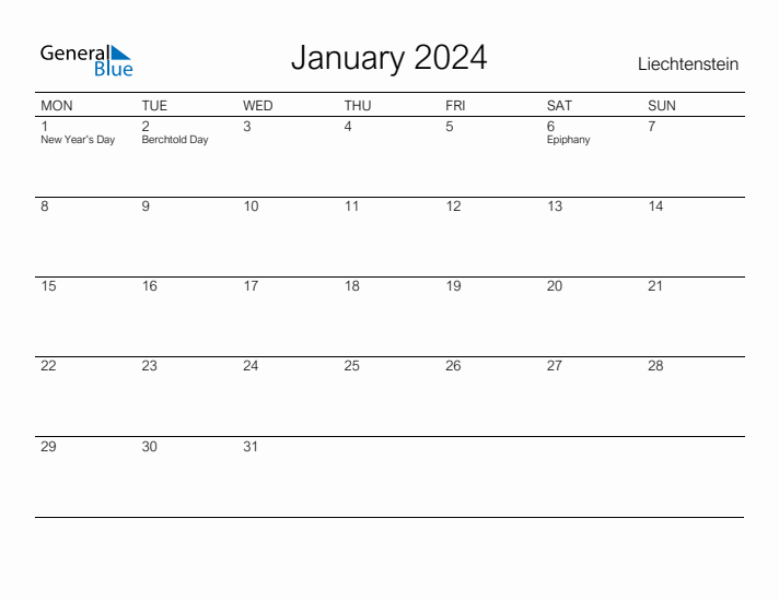Printable January 2024 Calendar for Liechtenstein
