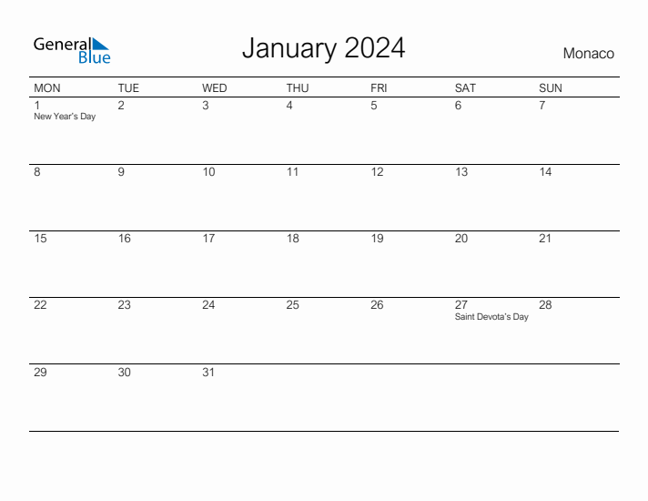 Printable January 2024 Calendar for Monaco