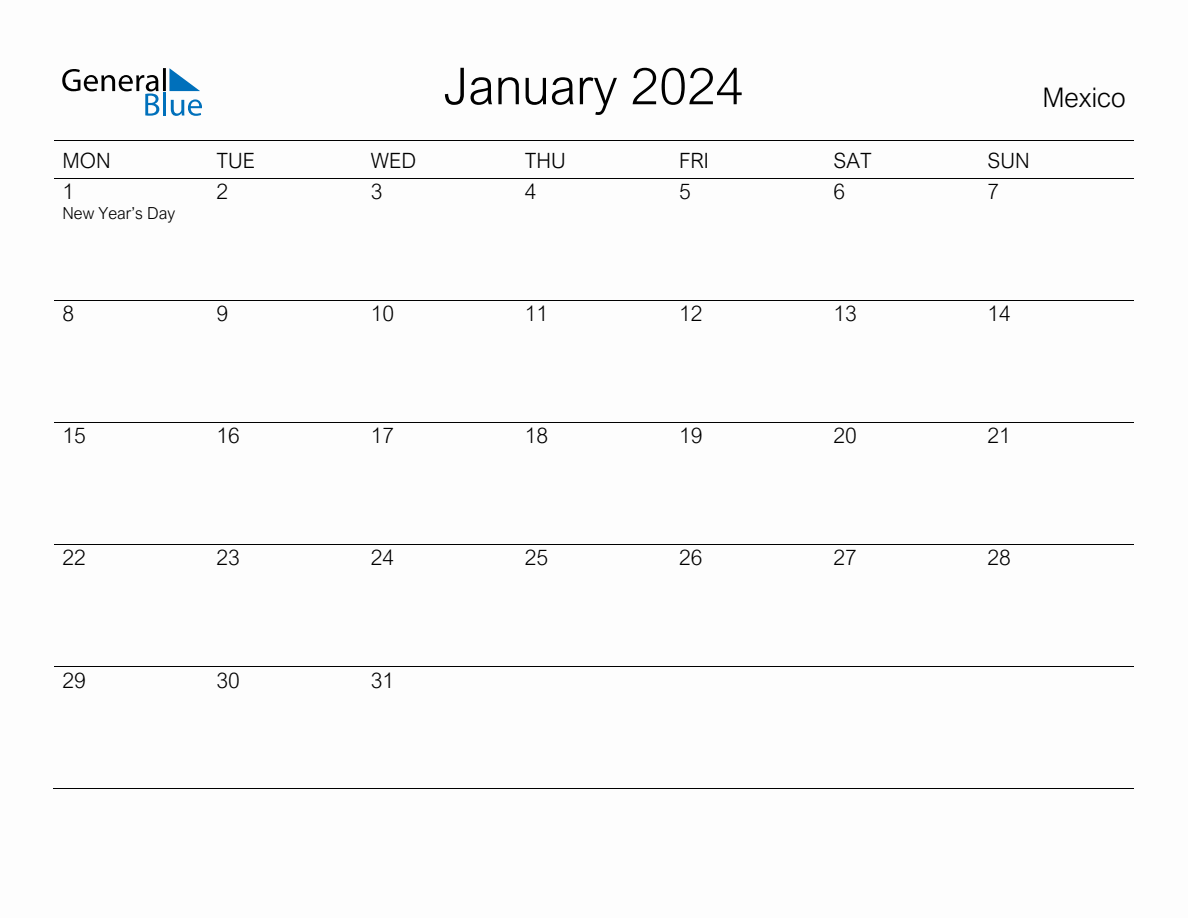 Printable January 2024 Monthly Calendar with Holidays for Mexico