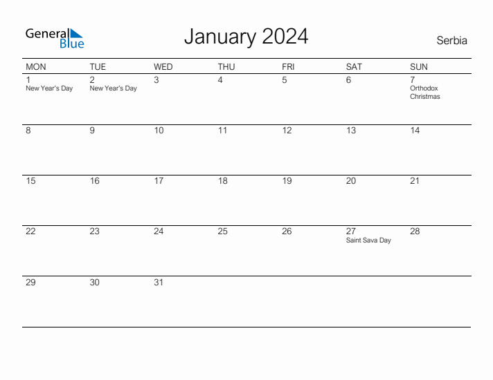 Printable January 2024 Calendar for Serbia