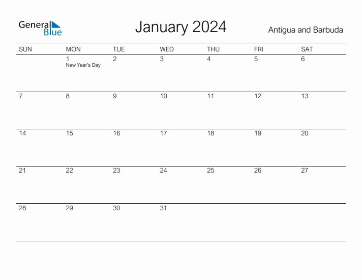 Printable January 2024 Calendar for Antigua and Barbuda