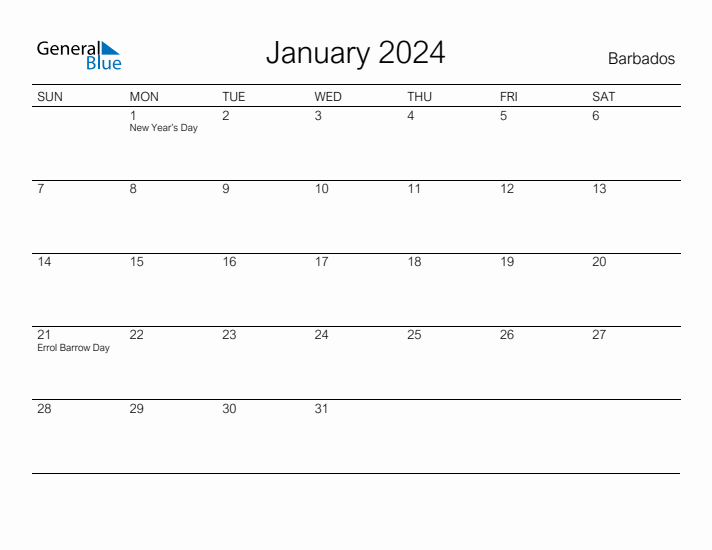 Printable January 2024 Calendar for Barbados