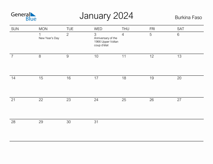 Printable January 2024 Calendar for Burkina Faso