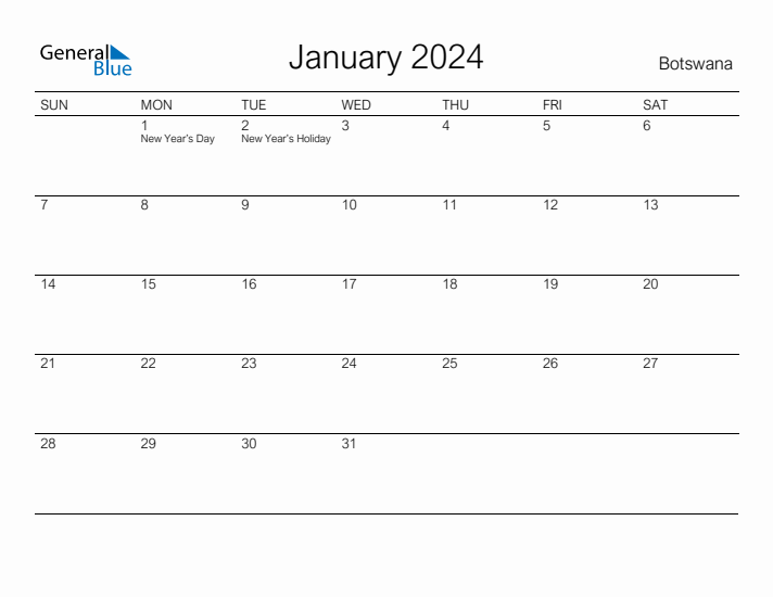 Printable January 2024 Calendar for Botswana