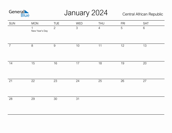 Printable January 2024 Calendar for Central African Republic