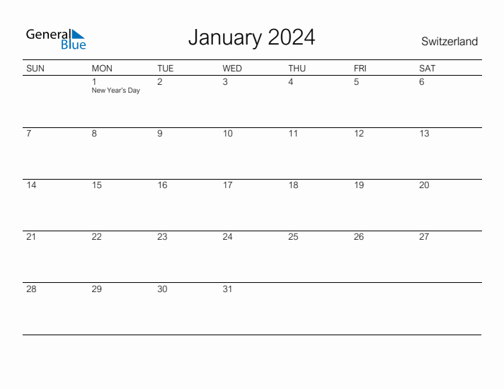 Printable January 2024 Monthly Calendar with Holidays for Switzerland