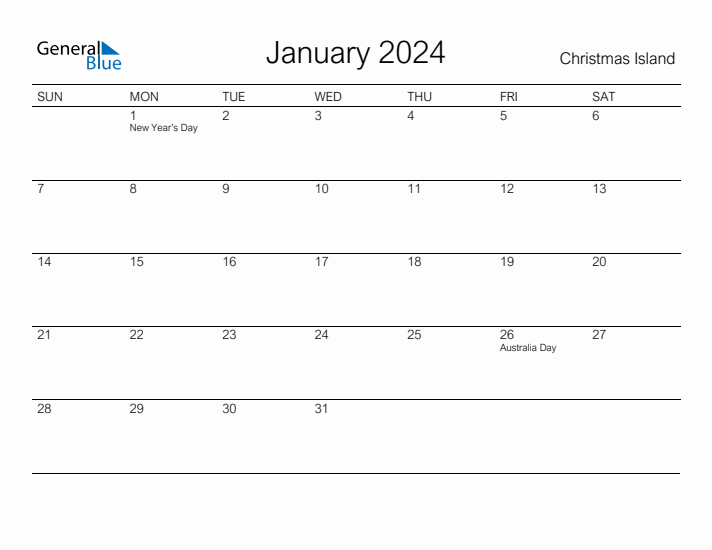 January 2024 Monthly Calendar with Christmas Island Holidays