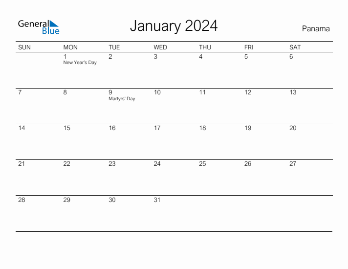 Printable January 2024 Calendar for Panama