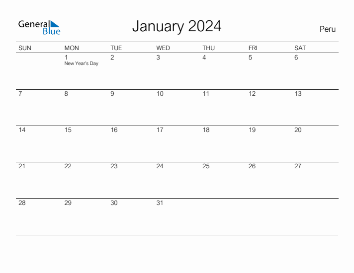 Printable January 2024 Calendar for Peru