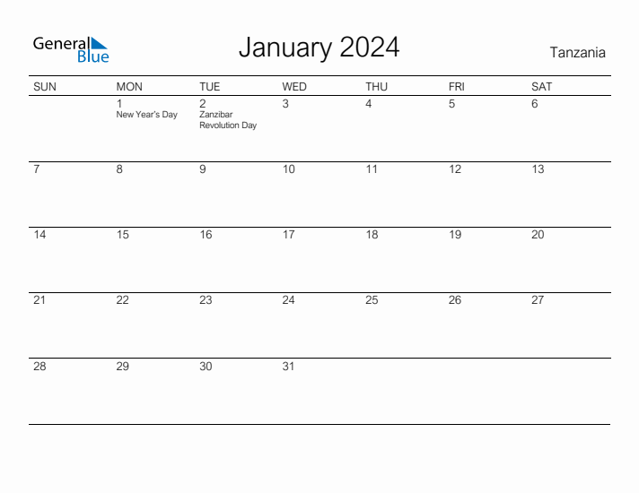 Printable January 2024 Calendar for Tanzania