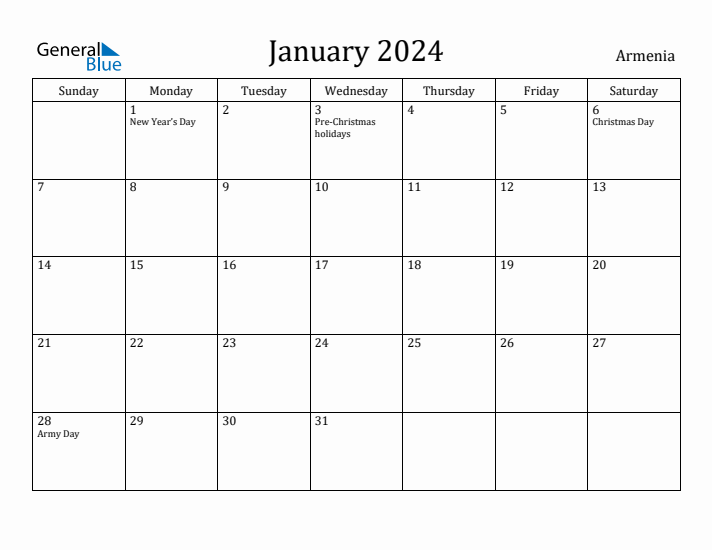 January 2024 Calendar Armenia