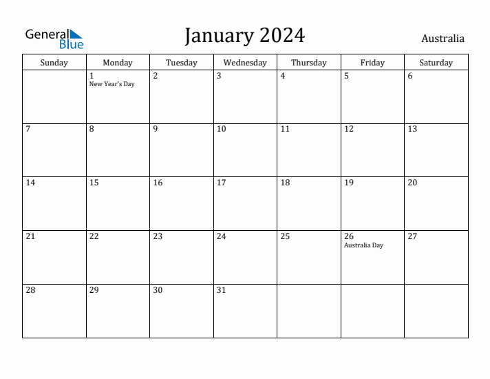 January 2024 Monthly Calendar with Australia Holidays