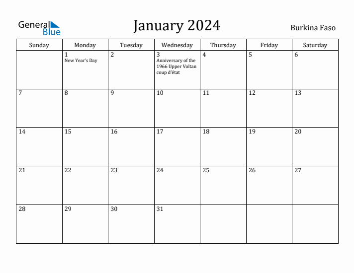 January 2024 Calendar Burkina Faso