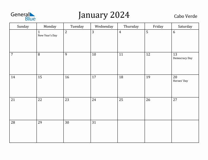 January 2024 Calendar Cabo Verde