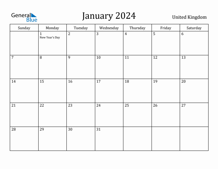 January 2024 Calendar United Kingdom