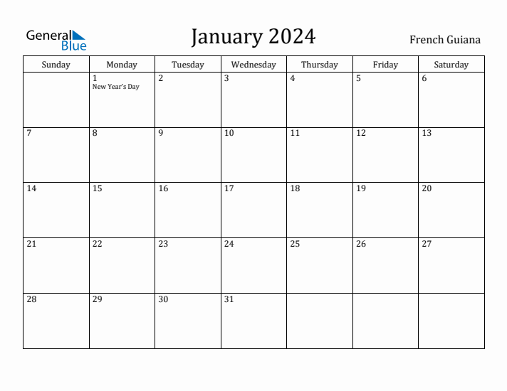 January 2024 Calendar French Guiana