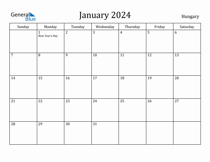 January 2024 Monthly Calendar with Hungary Holidays