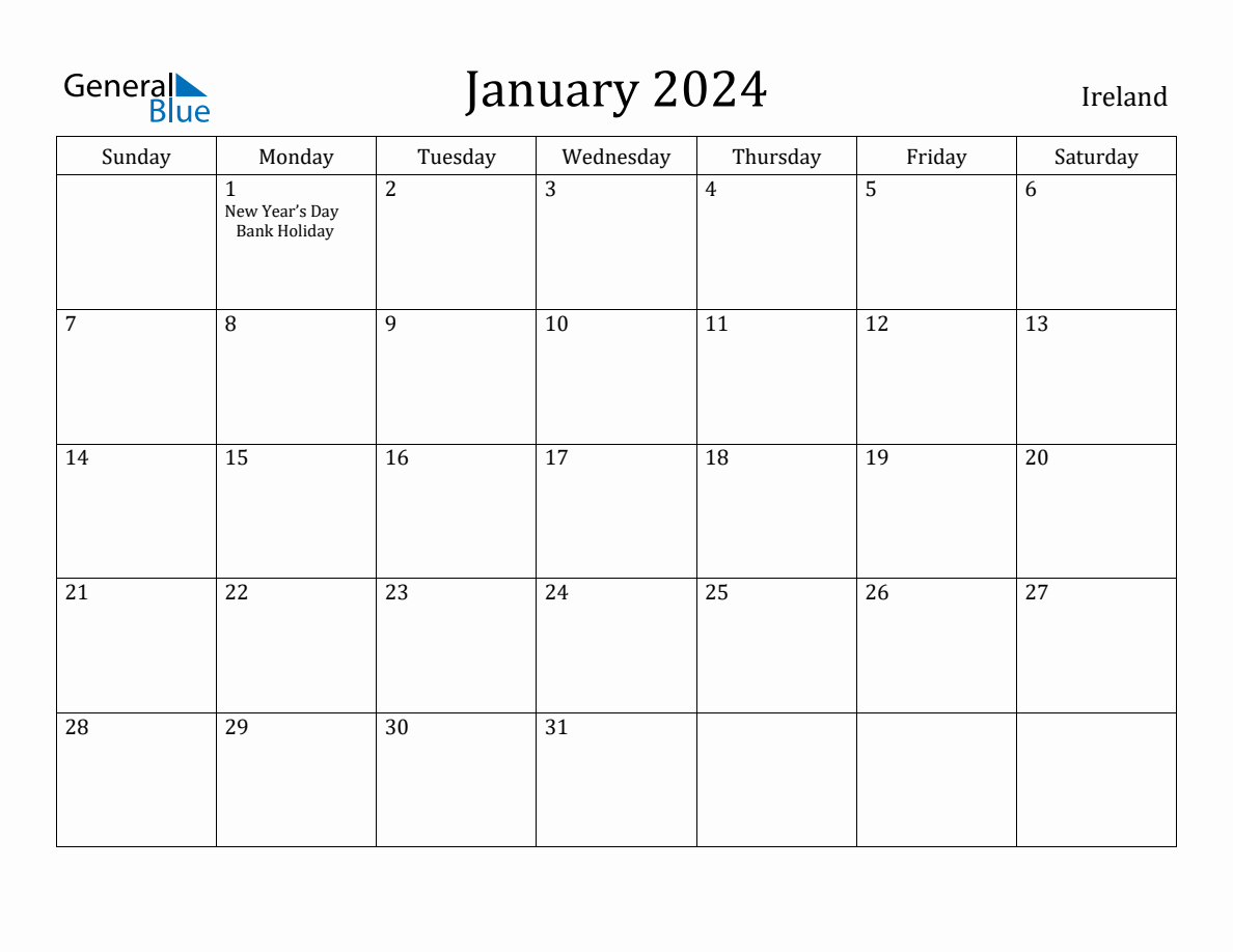 January 2024 Monthly Calendar with Ireland Holidays