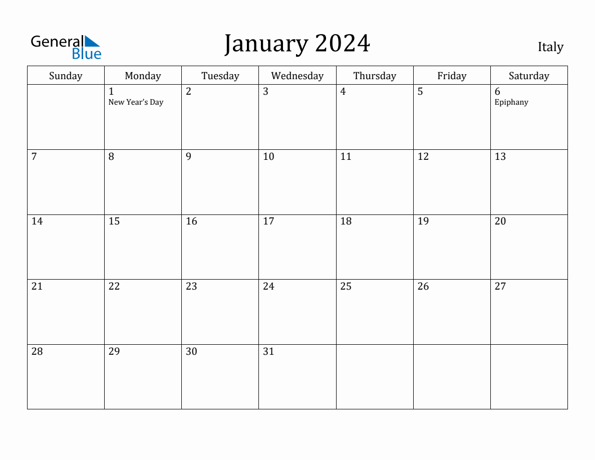 January 2024 Monthly Calendar with Italy Holidays