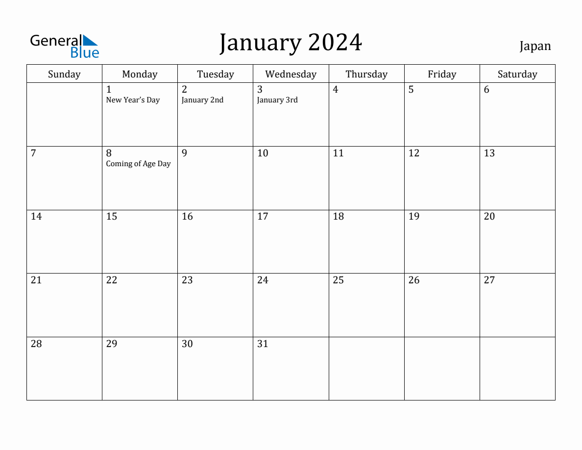 January 2024 Monthly Calendar with Japan Holidays