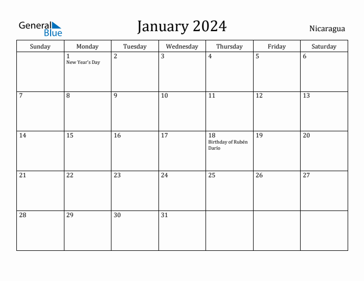 January 2024 Calendar Nicaragua