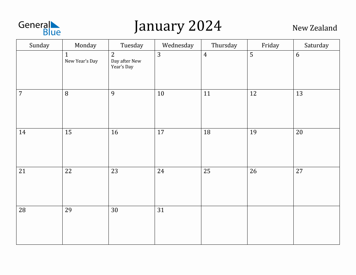 January 2024 Monthly Calendar with New Zealand Holidays
