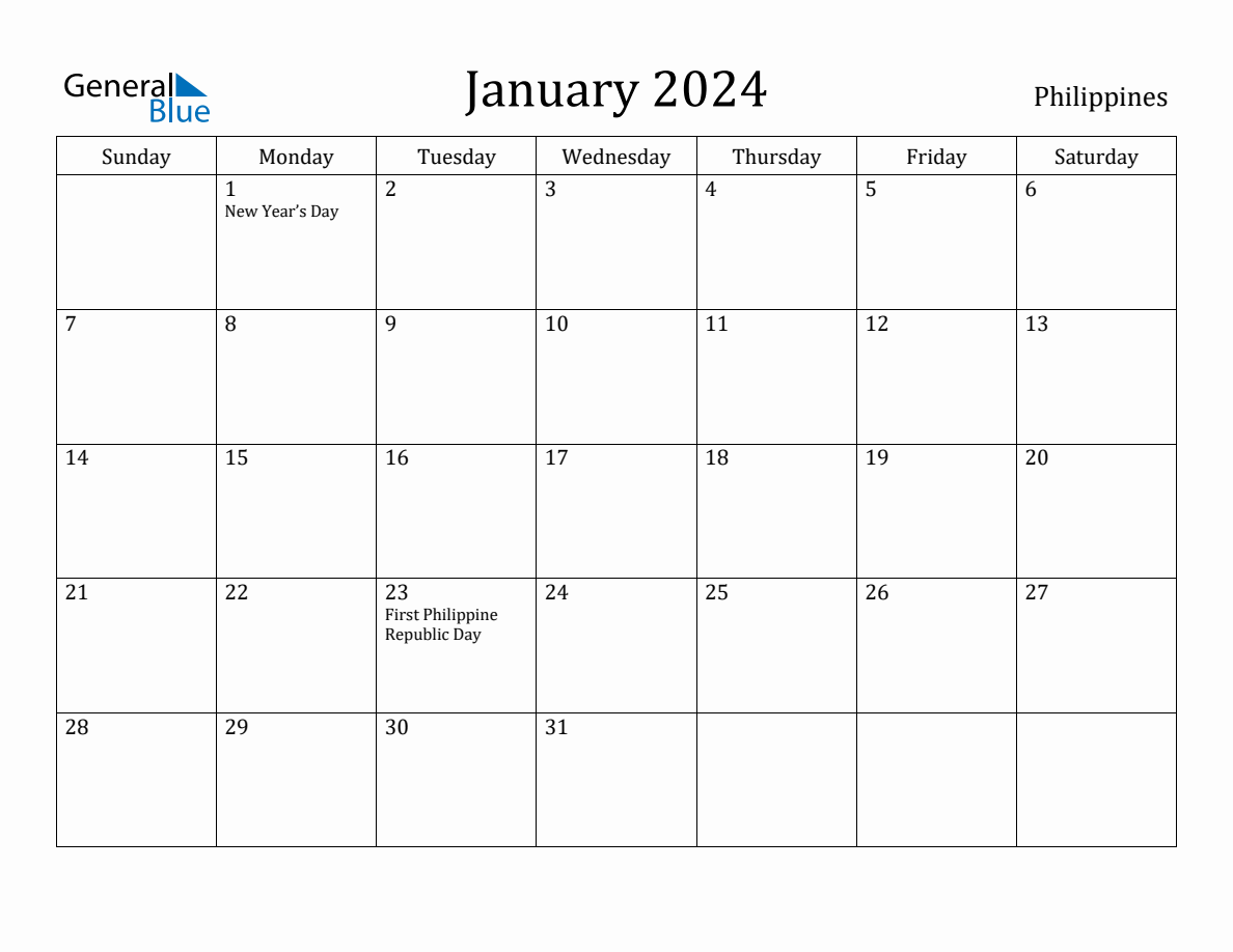 January 2024 Monthly Calendar with Philippines Holidays