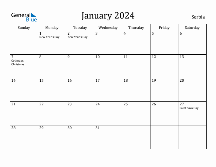 January 2024 Calendar Serbia