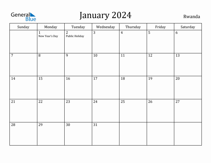 January 2024 Monthly Calendar with Rwanda Holidays