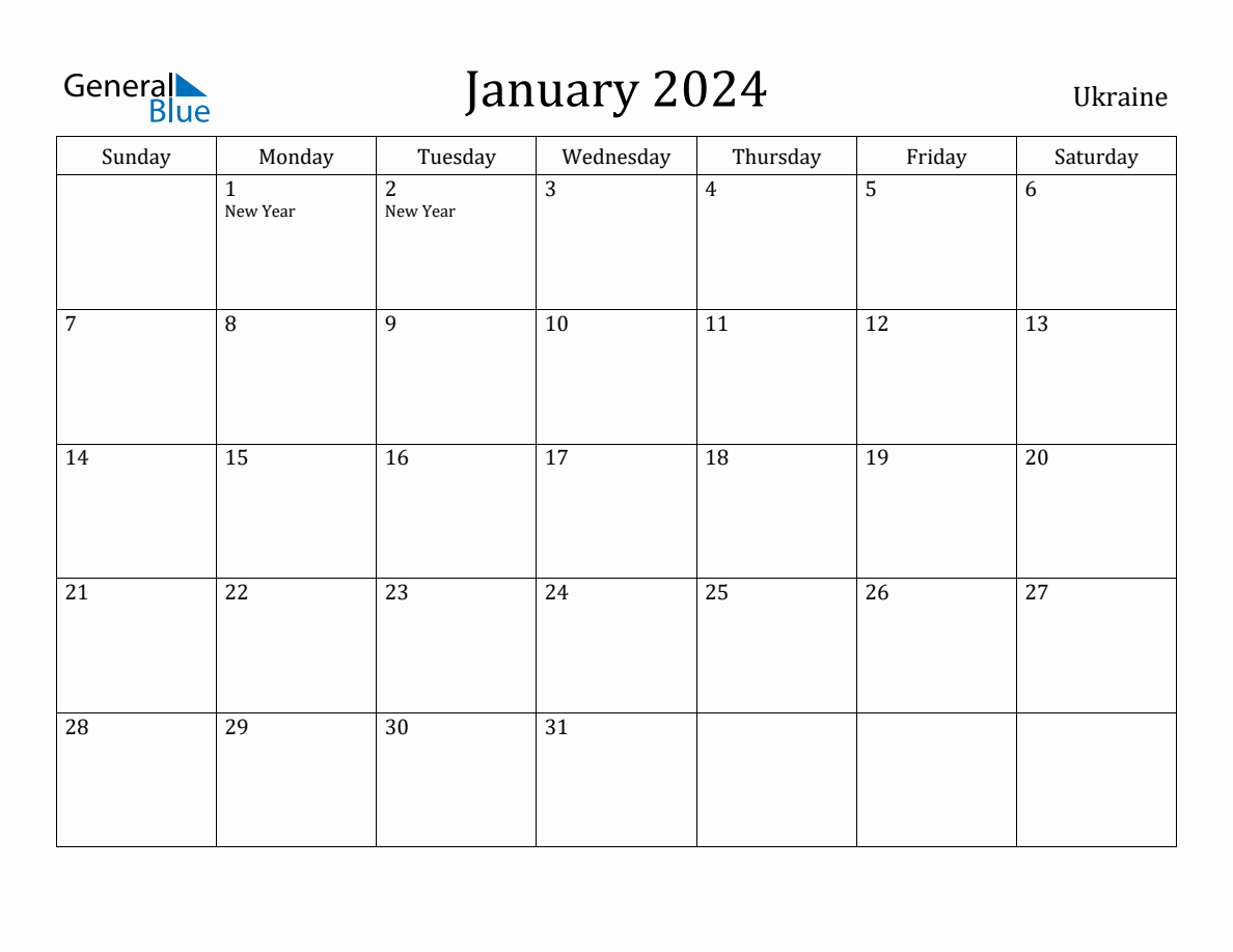 January 2024 Monthly Calendar with Ukraine Holidays