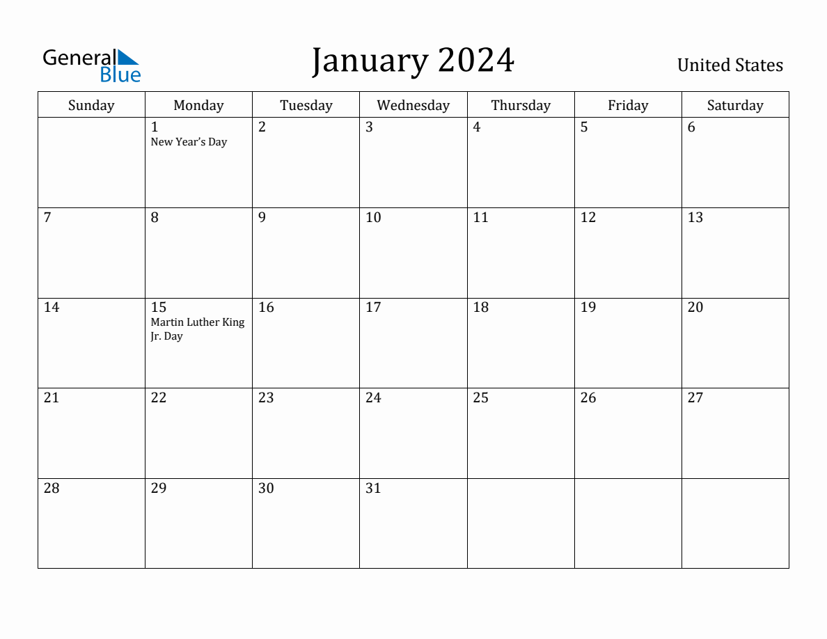 January 2024 Monthly Calendar with United States Holidays