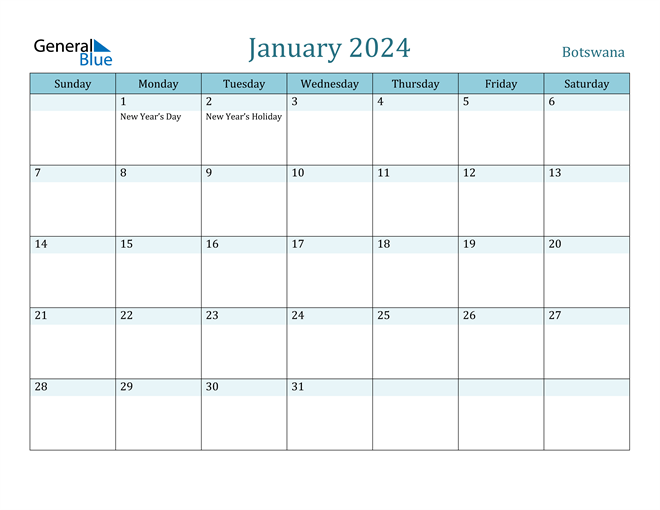 Botswana January 2024 Calendar with Holidays