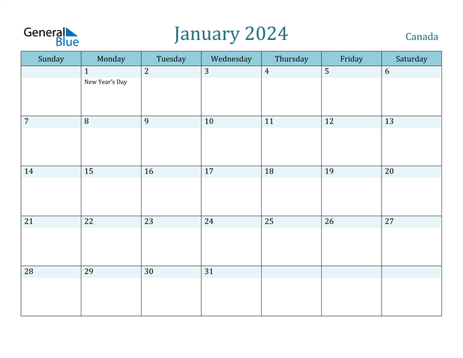 Canada January 2024 Calendar with Holidays